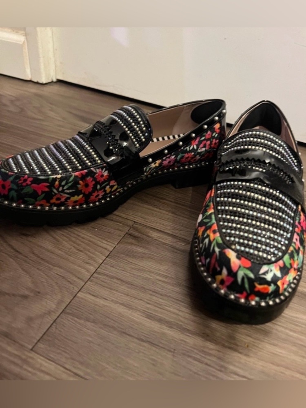 Betsey Johnson Black Floral Embelished Loafers